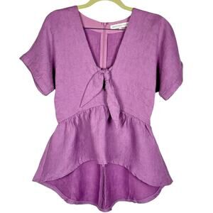 Endless Rose Purple Ribbed V Neck Peplum High Low Tie Short Sleeve Top Sz Small